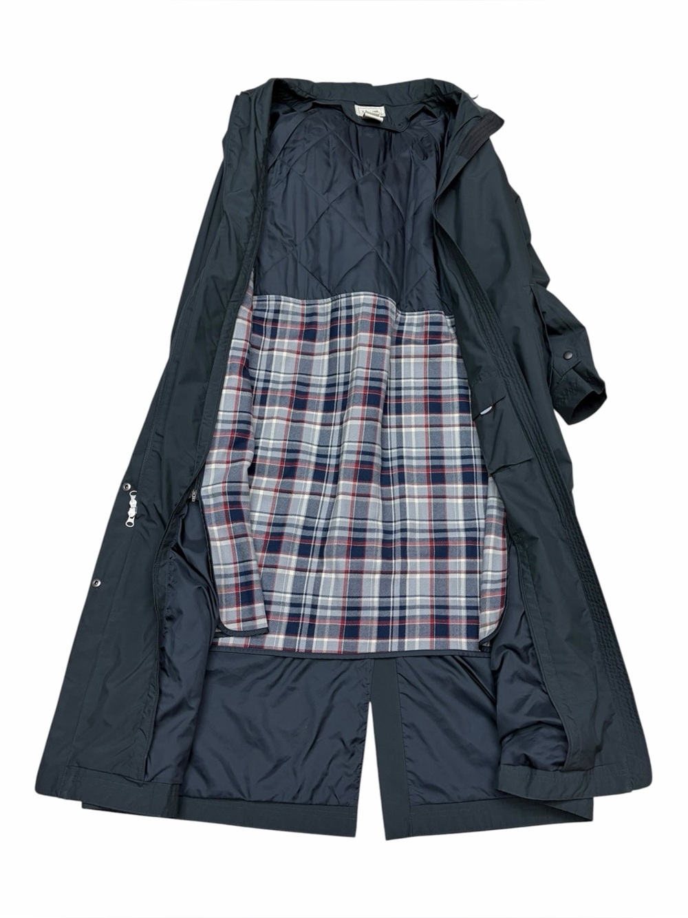 Vintage L.L.Bean Long Maxi Raincoat Trench Coat Wool Plaid Lined Navy Medium - Picture 13 of 14